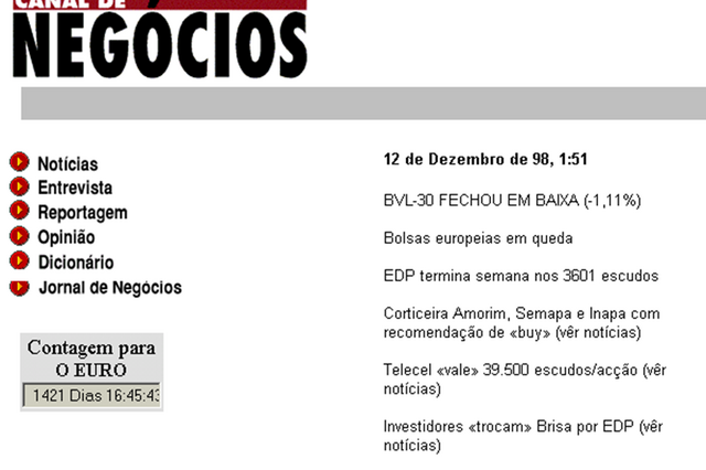 Negócios nasceu há 20 anos na Internet. Recorde as homepages
