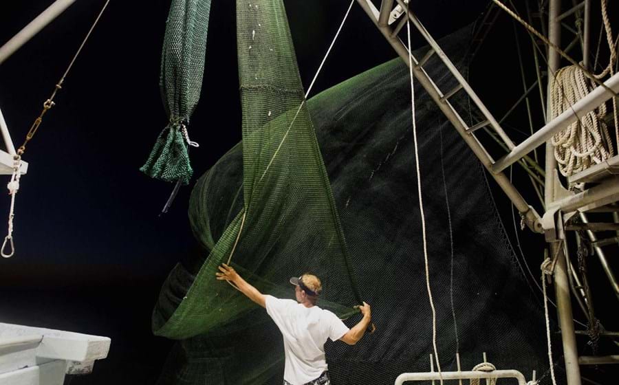 Um pescador no fim de um dia de trabalho de apanha de camarão, no Louisiana, Estados Unidos.