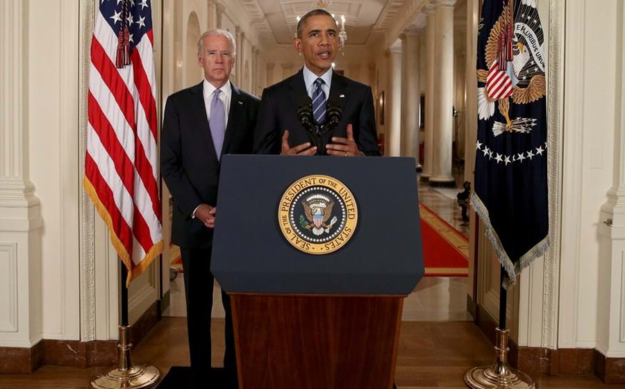 Barack Obama durante a declaração a partir da Casa Branca, com Joe Biden