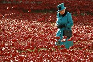 Rainha Isabel II passeando num campo de papoilas em cerâmica, parte de uma exposição de arte na Torre de Londres em 2014.