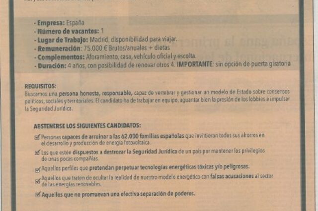 Anúncio de emprego oferece lugar de primeiro-ministro em Espanha