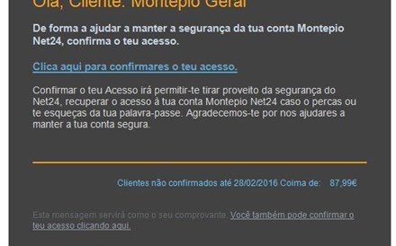 O e-mail fraudulento que está a ser enviado aos clientes do Montepio