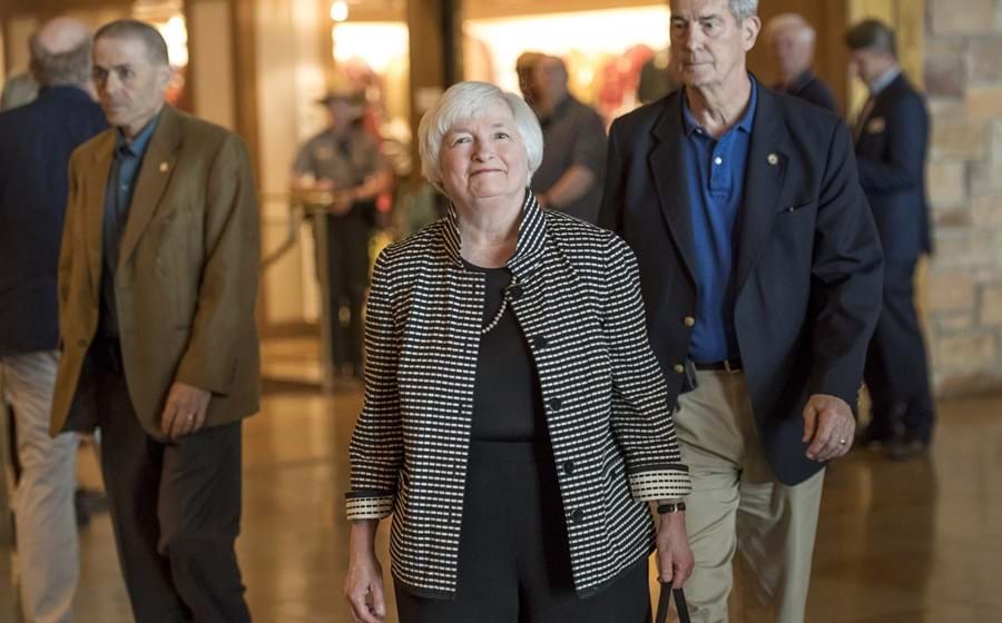 Janet Yellen, presidente da Reserva Federal dos EUA, à chegada a Jackson Hole.