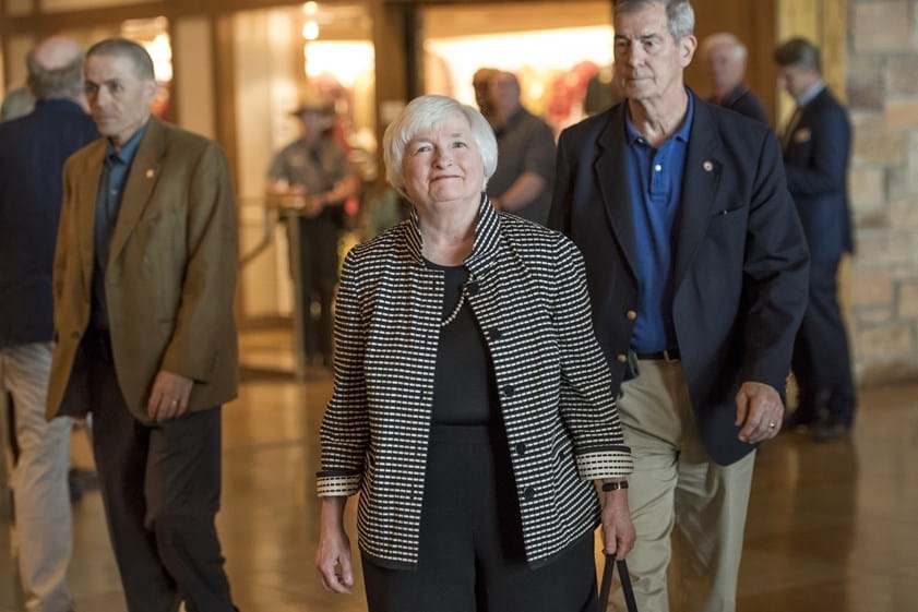 Janet Yellen, presidente da Reserva Federal dos EUA, à chegada a Jackson Hole.