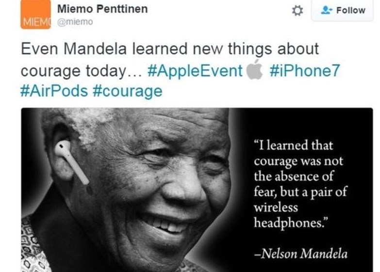 Depois de a Apple ter defendido que foi preciso 'coragem' para mudar os auscultadores, a imagem de Mandela foi uma das utilizadas para ridicularizar a expressão.