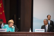 China, 4 de Setembro de 2016. Obama e Merkel na sessão de abertura da cimeira do G20 realizada em Hangzhou, na província de Zhejiang.