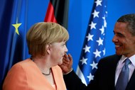 Alemanha, 19 de Junho de 2013. Obama e Merkel depois da conferência de imprensa conjunta, em Berlim.