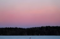 Uma mulher empurra um carrinho de bebé enquanto caminha sobre um lago congelado durante o pôr do sol,  no centro desportivo de Pajulahti, perto de Lahti, na Finlândia.