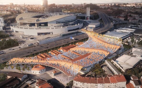 Mota-Engil converte antigo matadouro no M-ODU, complexo com uma cobertura flutuante sobre os edifícios e que se inspira no conceito japonês Komorebi