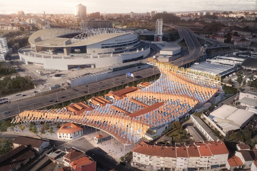 Mota-Engil converte antigo matadouro no M-ODU, complexo com uma cobertura flutuante sobre os edifícios e que se inspira no conceito japonês Komorebi