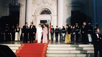 O Presidente da República Ramalho Eanes e sua mulher, Manuela Ramalho Eanes, na companhia do seu homólogo norte-americano, Ronald Reagan e sua mulher, Nancy Reagan, por ocasião da visita oficial aos Estados Unidos da América, em 1983.