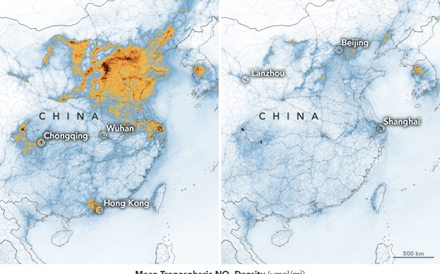 Imagens mostram redução nas emissões de gases poluentes na China 