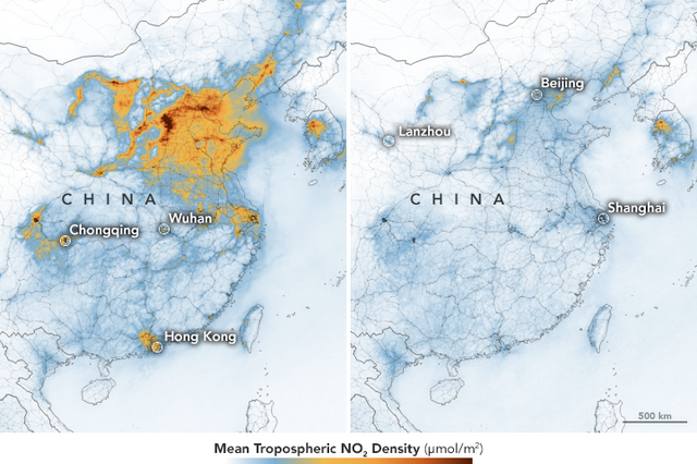 Imagens mostram redução nas emissões de gases poluentes na China 