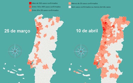 Mapa: Como a covid-19 se propagou em Portugal em duas semanas