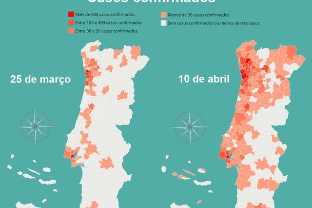 Mapa: Como a covid-19 se propagou em Portugal em duas semanas