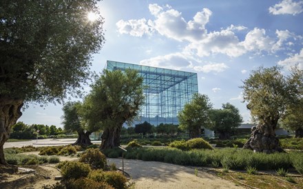 O edifício Faro rodeado por oliveiras no campus do Santander, nos arredores de Madrid.