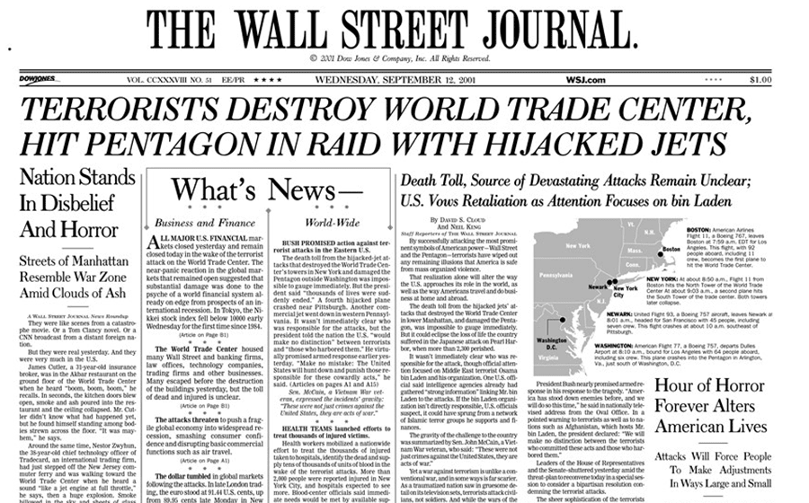 Primeira página do Wall Street Journal de quarta-feira, 12 de setembro, de 2001