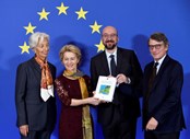 Christine Lagarde (presidente do BCE), Ursula von der Leyen (presidente da Comissão Europeia), Charles Michel (presidente do Conselho Europeu) e David Sassoli (presidente do Parlamento Europeu)