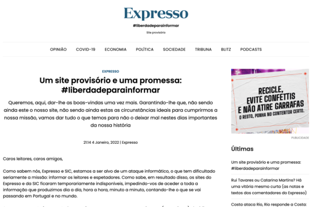 'Sites' da Impresa voltam em formato provisório após ataque informático