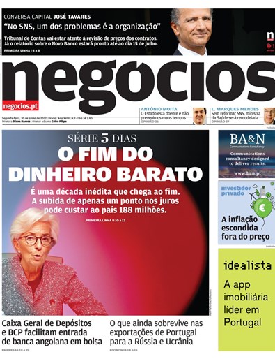 Primeira página do Negócios de 20 de junho de 2022