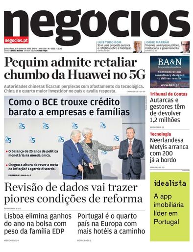 Primeira página do Negócios de 1 de junho de 2023