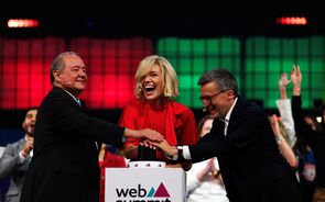 Costa Silva, Katherine Maher e Carlos Moedas na abertura da web summit, 13 novembro 2023