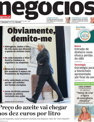 Primeira página do Negócios de 8 de novembro de 2023