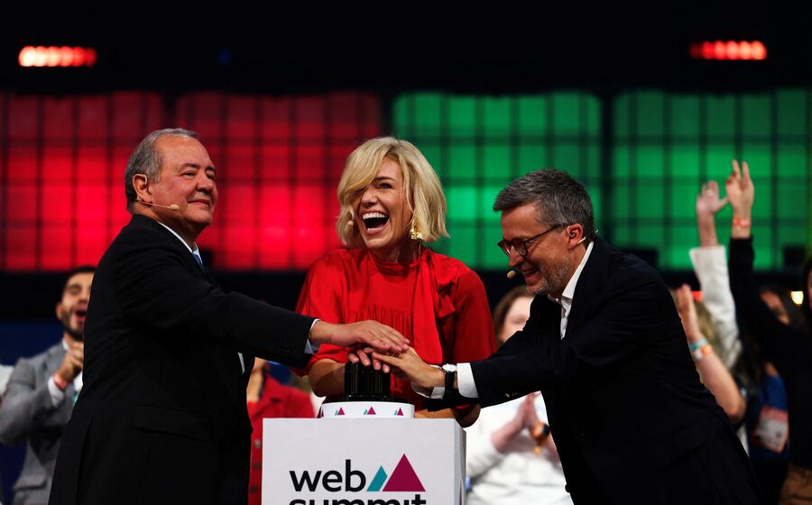 Costa Silva, Katherine Maher e Carlos Moedas na abertura da web summit, 13 novembro 2023