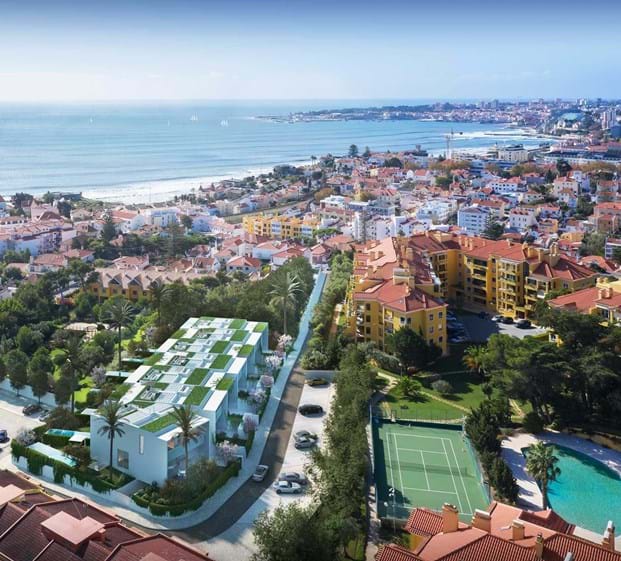 Azure Estoril (à esquerda, na foto), nome do empreendimento residencial que está a ser construído em São João do Estoril, Cascais.