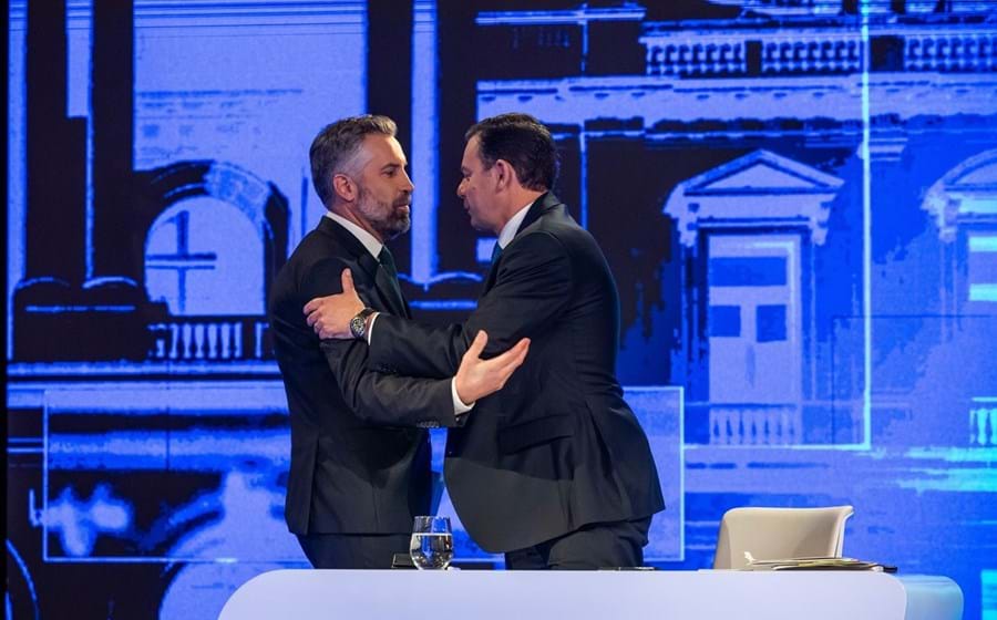 Pedro Nuno Santos e Luís Montenegro no debate do Capitólio, em Lisboa.