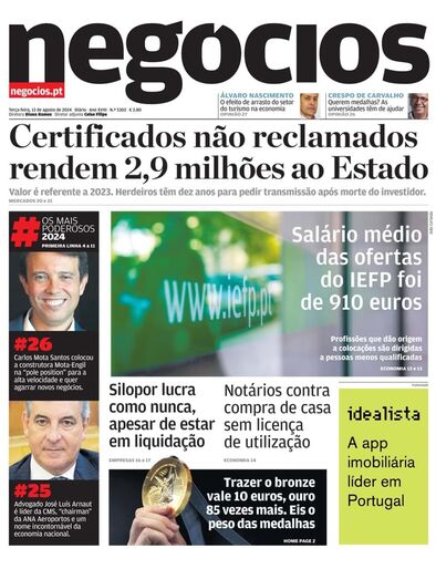 Primeira página do Negócios de 13 de agosto de 2024