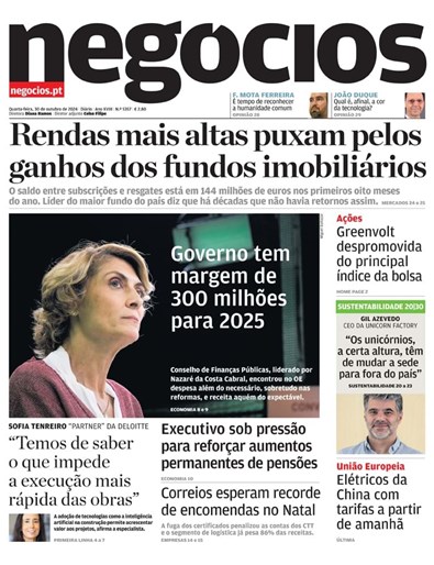 Primeira página do Negócios de 30 de outubro de 2024