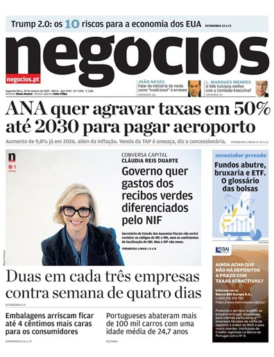 Primeira página do Negócios de 20 de janeiro de 2025