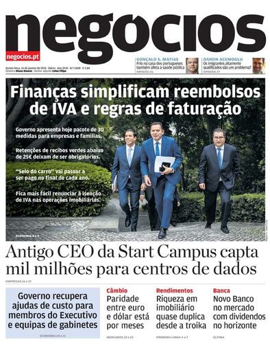 Primeira página do Negócios de 16 de janeiro de 2025