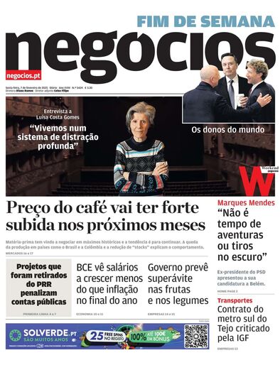 Primeira página do Negócios de 7 de fevereiro de 2025