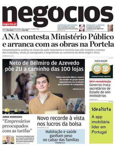 Primeira página do Negócios de 13 de fevereiro de 2025