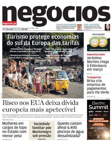 Primeira página do Negócios de 20 de fevereiro de 2025