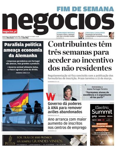 Primeira página do Negócios de 21 de fevereiro de 2025