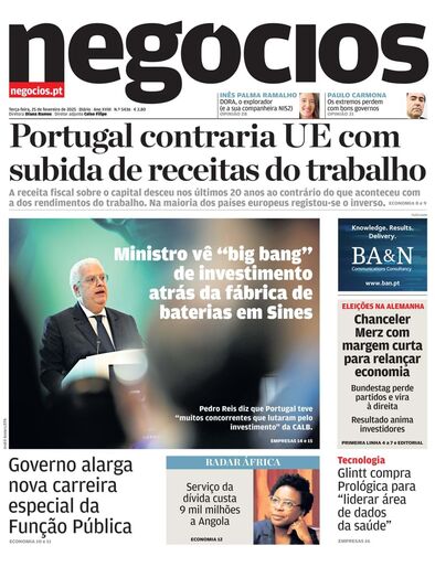Primeira página do Negócios de 25 de fevereiro de 2025