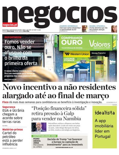 Primeira página do Negócios de 26 de fevereiro de 2025