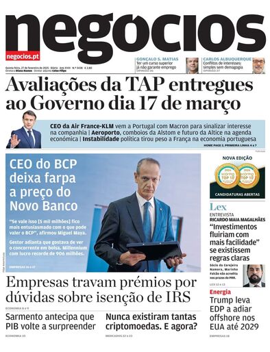 Primeira página do Negócios de 27 de fevereiro de 2025