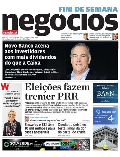 Primeira página do Negócios de 7 de março de 2025