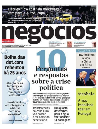 Primeira página do Negócios de 11 de março de 2025