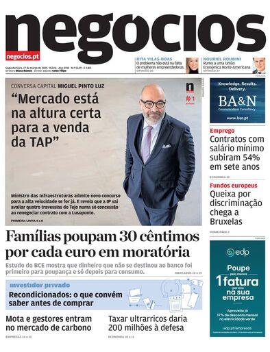 Primeira página do Negócios de 17 de março de 2025