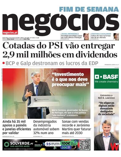 Primeira página do Negócios de 21 de março de 2025