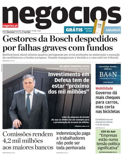 Primeira página do Negócios de 26 de março de 2025