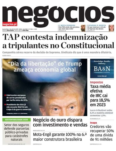 Primeira página do Negócios de 2 de abril de 2025