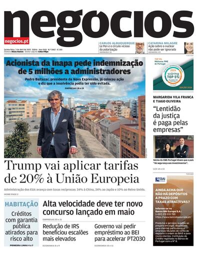 Primeira página do Negócios de 3 de abril de 2025