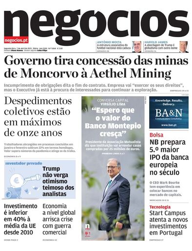 Primeira página do Negócios de 7 de abril de 2025