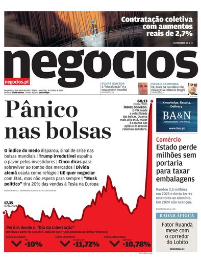 Primeira página do Negócios de 8 de abril de 2025